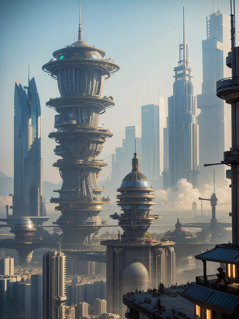 big city, soaring in the sky, with many different buildings, solarpunk village, SolarPunk Architecture, sunny punk city, futuristic utopia in solar punk, inspired by Stéphane Martiniere, inspired by Stéphane Martiniere, Colorful sci-fi steampunk, Solarpunk utopia, giant impressive steampunk tower, concept art in steampunk style, fantasy architecture, solar punk metropolis