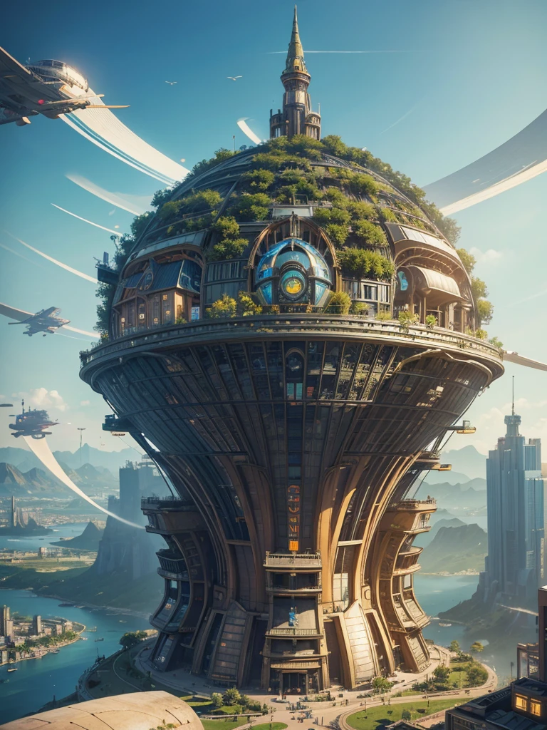 big city, soaring in the sky, with many different buildings, solarpunk village, SolarPunk Architecture, sunny punk city, futuristic utopia in solar punk, inspired by Stéphane Martiniere, inspired by Stéphane Martiniere, Colorful sci-fi steampunk, Solarpunk utopia, giant impressive steampunk tower, concept art in steampunk style, fantasy architecture, solar punk metropolis
