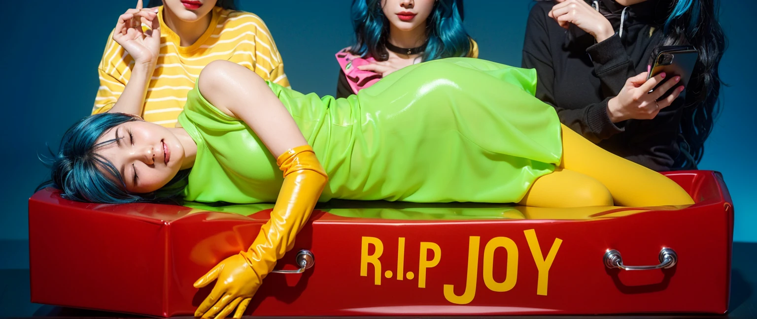 This image depicts a striking and colorful scene involving four characters. At the center, a woman with vibrant blue hair lies inside a red box with the words "R.I.P JOY" written on it. She is dressed in a vivid neon green dress paired with yellow gloves, her relaxed posture and closed eyes suggesting a peaceful or theatrical repose. Surrounding her are three other individuals in dynamic poses and bright outfits, adding layers of narrative or thematic contrast. The background features bold, saturated colors that enhance the visual impact of the scene, creating a surreal and stylized atmosphere. effectively conveying a sense of joy and creativity. аffects render, (glossy plastic texture with multiple big light probe refractions), perfect cgi, smooth silhouette, high intensity refraction, (super glossy plastic material), most beautiful vfx, , realistic, 4k, high resolution, rim light, smooth 3d model, multiple light sources, rim light, sharp post effects render,, realistic, 4k, high resolution, rim light detailed digital art, reflective, best quality, 4k, masterpiece:1.2, ultra-detailed, realistic, vivid colors, The image of the highest quality, ensuring every detail showcased perfectly. It in 4k resolution, allowing viewers to immerse themselves in the richness of the colors and intricate details. The realistic rendering. under the spotlight, reflecting, high-resolution image, realistic rendering