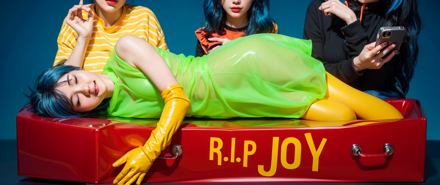 This image depicts a striking and colorful scene involving four characters. At the center, a woman with vibrant blue hair lies inside a red box with the words "R.I.P JOY" written on it. She is dressed in a vivid neon green dress paired with yellow gloves, her relaxed posture and closed eyes suggesting a peaceful or theatrical repose. Surrounding her are three other individuals in dynamic poses and bright outfits, adding layers of narrative or thematic contrast. The background features bold, saturated colors that enhance the visual impact of the scene, creating a surreal and stylized atmosphere. effectively conveying a sense of joy and creativity. аffects render, (glossy plastic texture with multiple big light probe refractions), perfect cgi, smooth silhouette, high intensity refraction, (super glossy plastic material), most beautiful vfx, , realistic, 4k, high resolution, rim light, smooth 3d model, multiple light sources, rim light, sharp post effects render,, realistic, 4k, high resolution, rim light detailed digital art, reflective, best quality, 4k, masterpiece:1.2, ultra-detailed, realistic, vivid colors, The image of the highest quality, ensuring every detail showcased perfectly. It in 4k resolution, allowing viewers to immerse themselves in the richness of the colors and intricate details. The realistic rendering. under the spotlight, reflecting, high-resolution image, realistic rendering