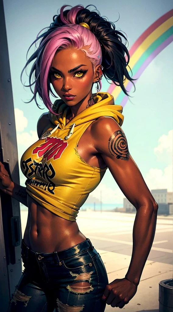 The most beautiful and sexy punk rock girl, rainbow hair, yellow eyes, dark skin, wear a hoodie, Graphic T-shirt and torn skinny jeans, tons of tattoos and piercings, perfect masterpiece, high quality, High resolution