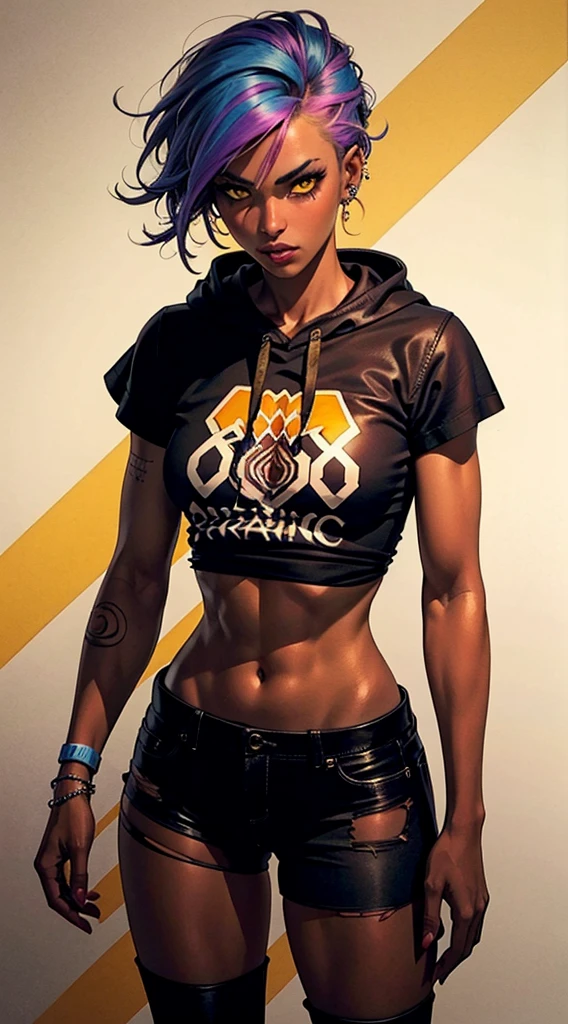 The most beautiful and sexy punk rock girl, rainbow hair, yellow eyes, dark skin, wear a hoodie, Graphic T-shirt and torn skinny jeans, tons of tattoos and piercings, perfect masterpiece, high quality, High resolution