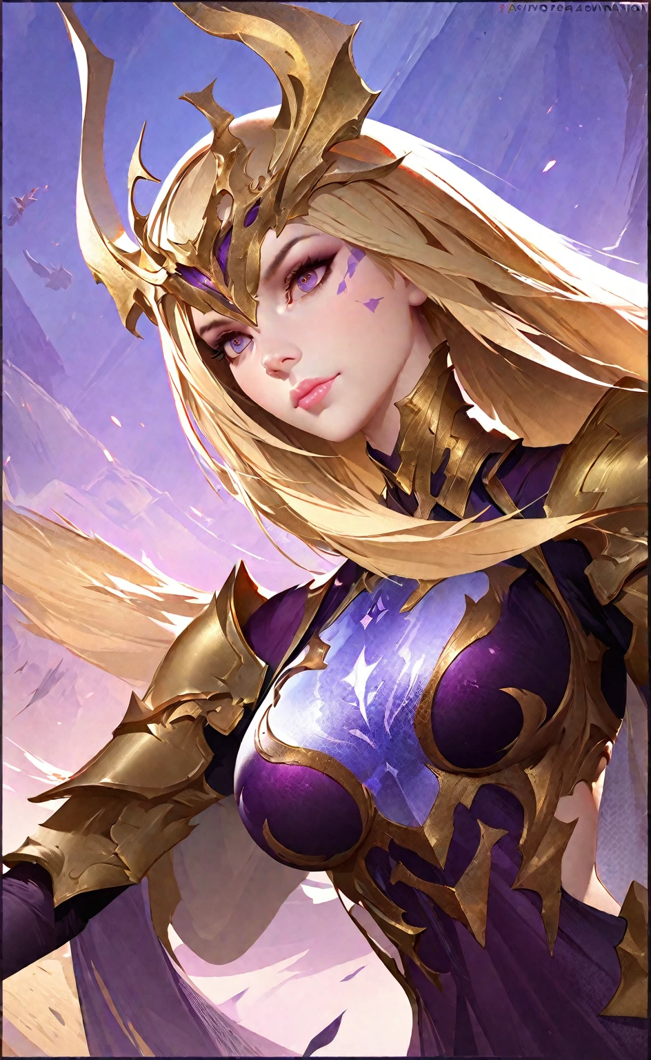 Close-up of a woman in a gold and purple dress, chengwei pan on artstation, author：Yang Jie, detailed fantasy art, Stunning character art, Best art sites for fan art, Epic and beautiful character art, beautiful armor, extremely detailed art, Detailed digital animation art, artgerm on artstation pixiv, Girl in armor