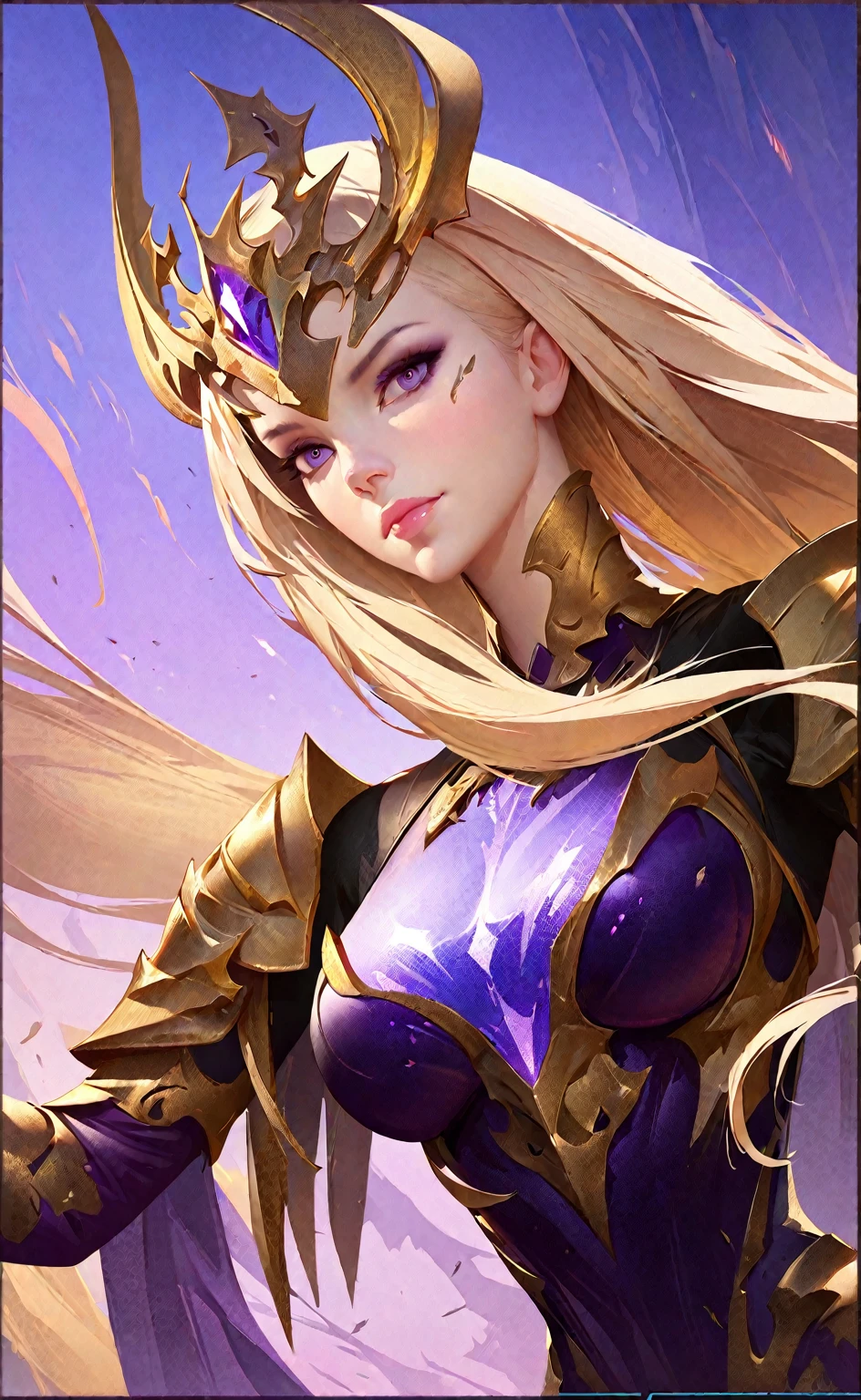 Close-up of a woman in a gold and purple dress, chengwei pan on artstation, author：Yang Jie, detailed fantasy art, Stunning character art, Best art sites for fan art, Epic and beautiful character art, beautiful armor, extremely detailed art, Detailed digital animation art, artgerm on artstation pixiv, Girl in armor