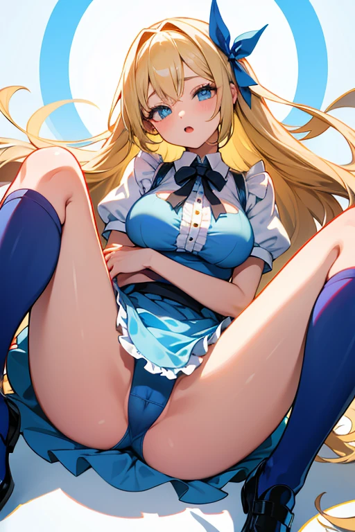 ((Masterpiece, Highest quality, Ultra-detailed, 8k)),(Photographic high definition), whole body、One girl and one boy, sex, missionary position, spread legs, legs up , Very thin and delicate thighs、Blue and white striped thigh-high socks、girls black shoes、Shifting pants、Alice in Wonderland、Black Head Ribbon、Shiny, shiny, silky, super long, straight blonde hair、、She may be very young, but her face is as perfect as a work of art.、Bright expression、Large, round, gentle blue eyes、Eyes widened in surprise、Gentle thin eyebrows、Open your mouth、Happy、Very large breasts、Clothes that emphasize large breasts、Only one breast is exposed、White frilly apron、Blue fluffy dress、A brightly lit child's room filled with toys,