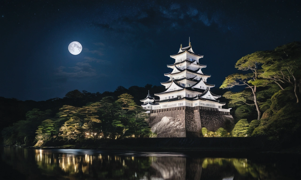 a landscape of beautiful night with shining stars, with the full moon, see forest and river infront of large japanese castle with intricate design, beauty view, professional shot, light and shadow contrast, high detail, 8k, kodak film