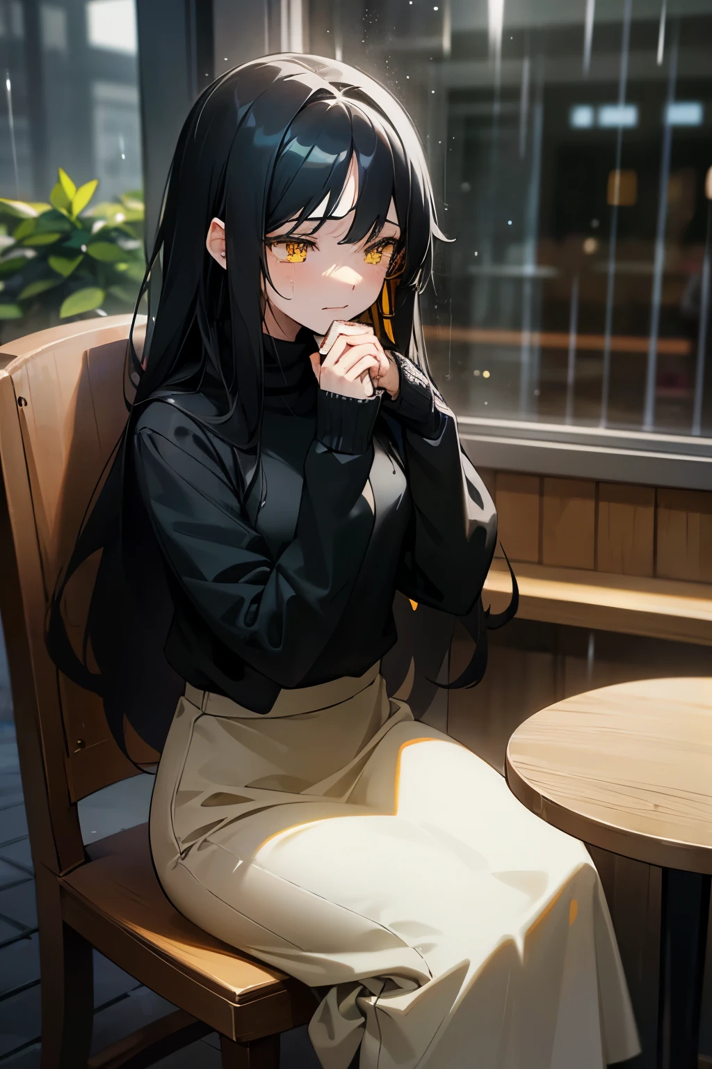 A girl, with long black hair, yellow eyes, wearing a black sweater and gray skirt, with a crying expression on her face, pose is sit on the chair and holding coffee, background is cafe with rain in window, HD picture, good art AI, NO BLUR PICTURE. 