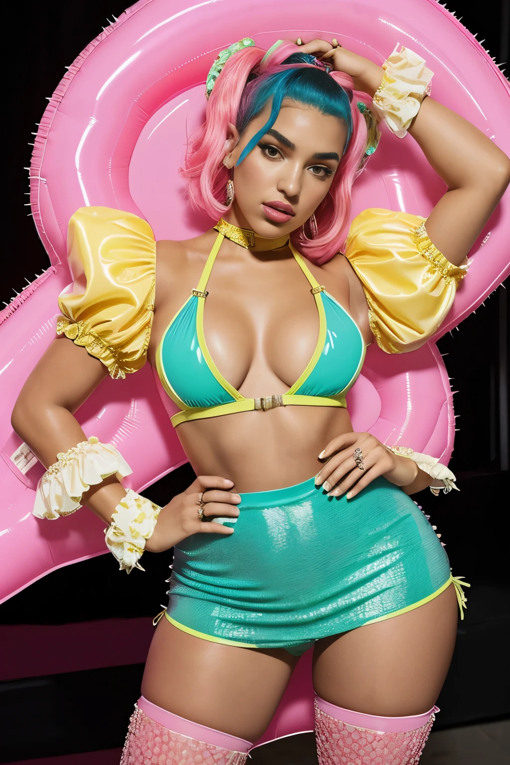 objective: (capture the essence of Dua Lipa as a stylized version of Megan Thee Stallion's Vixen from DC Comics), neon yellow, attire: (a bold and vibrant ensemble inspired by the character, featuring a skintight, bodycon dress accentuating her Big HUGE Ass, with cutouts and intricate details, adorned with large, puffy sleeves and embellishments in lots of bio-translucent pink and inflatable parts), HUGE Ass Women, Milf, small , Big HUGE Ass, Sexy, Hot, teal hair, very short (rococo) hair, red clothes. with lots of