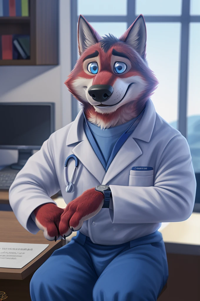 Joachim Wolfbach (Zootopia),tall handsome, wolf,young, 24 years, brown fur,(red body:1.3),Blue eyes, Moscow Dressed,red cassock, red headdress,in a medical suit, BLUE, stethoscope, cardiac surgeon,canine, wolf, detailed fur, Male, antro, paw pads, finger claws,Prays, at viewer, 5 fingers, paws, 5 fingers, smile, happy, resting, wrist watch,stethoscope,looks at the monitors, т nextel, sitting in his office at home, by xenoforge, (difficult, high detail, digital, photo, soft focus, RAW, pilot by training,ulba,tender, very kind, sincere, advises, patient,
photorealism, realistic, photorealistic, analog style, subsurface scattering,
masterpiece, Best quality, ultra realistic, 8 K)