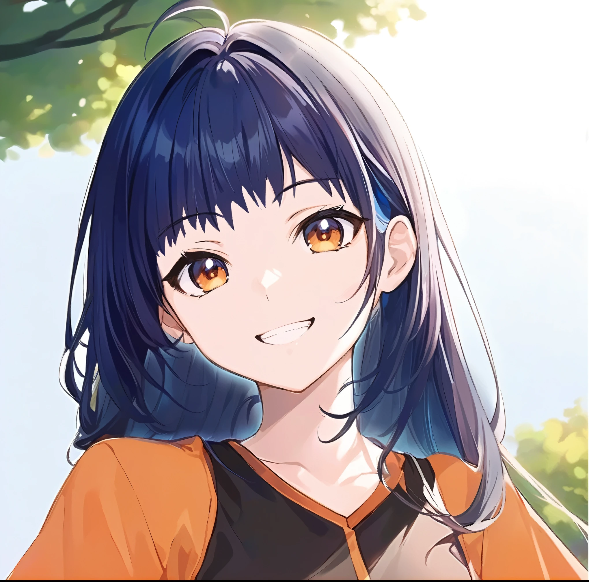 ((masterpiece)), (A wearing tennis wear), (Anime girl with blue hair and orange shirt grinning at the camera), Smooth anime CG art, Lively girl anime visual, Anime Moe Art Style, (Short bangs), (Jagged ends), Anime art style, Cute Anime Girl portrait, Anime style portrait, Anime Girl Portrait, Attractive anime girl, Beautiful anime portraits, Cute Anime Girl, (Active women), ((Ultra-high resolution))