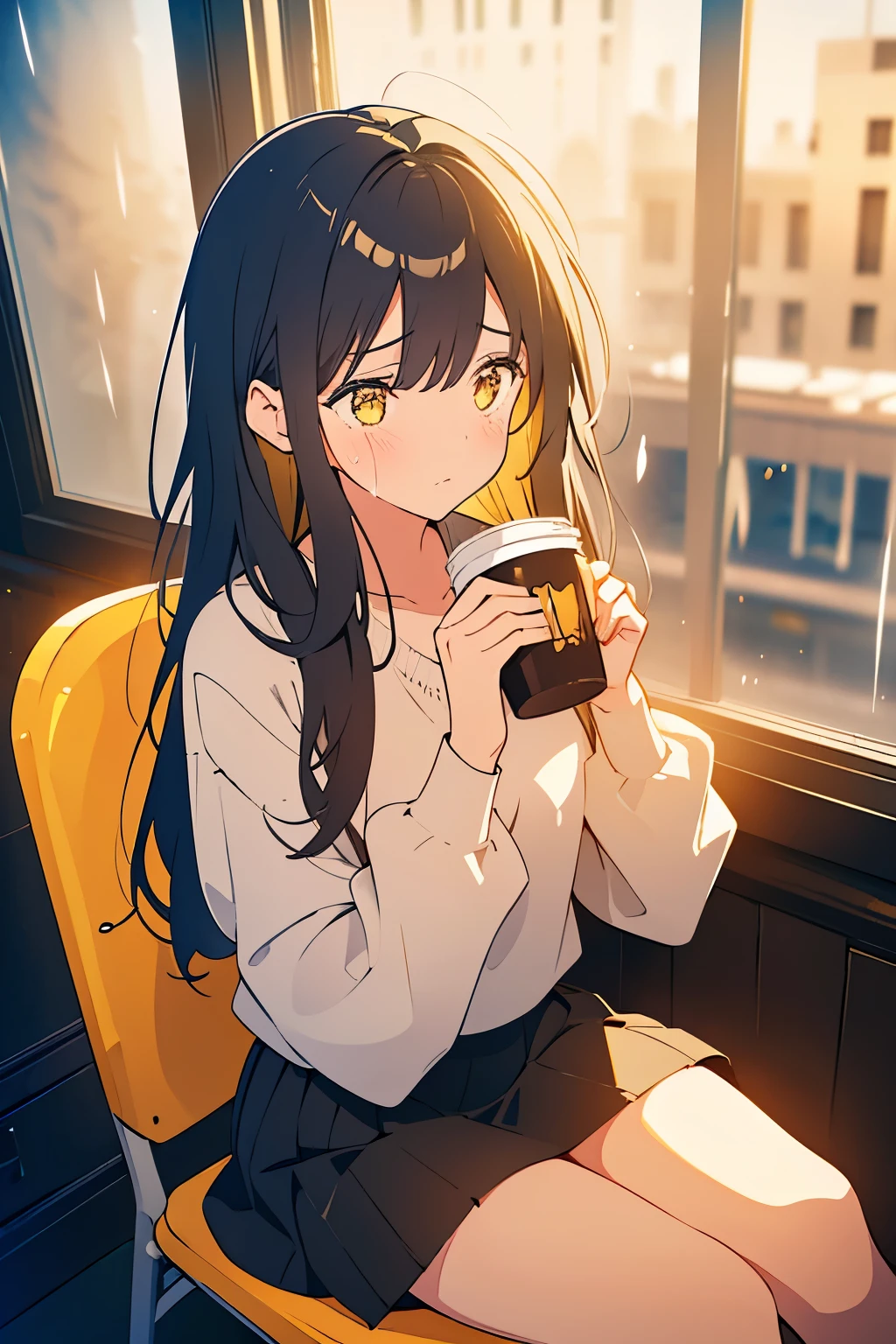 A girl, with long black hair, yellow eyes, wearing a black sweater and gray skirt, with a crying expression on her face, pose is sit on the chair and holding coffee, background is cafe with rain in window, HD picture, good art AI, NO BLUR PICTURE.
