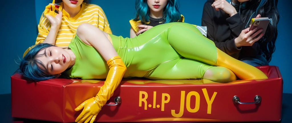 This image depicts a striking and colorful scene involving four characters. At the center, a woman with vibrant blue hair lies inside a red box with the words "R.I.P JOY" written on it. She is dressed in a vivid neon green dress paired with yellow gloves, her relaxed posture and closed eyes suggesting a peaceful or theatrical repose. Surrounding her are three other individuals in dynamic poses and bright outfits, adding layers of narrative or thematic contrast. The background features bold, saturated colors that enhance the visual impact of the scene, creating a surreal and stylized atmosphere. effectively conveying a sense of joy and creativity. аffects render, (glossy plastic texture with multiple big light probe refractions), perfect cgi, smooth silhouette, high intensity refraction, (super glossy plastic material), most beautiful vfx, , realistic, 4k, high resolution, rim light, smooth 3d model, multiple light sources, rim light, sharp post effects render,, realistic, 4k, high resolution, rim light detailed digital art, reflective, best quality, 4k, masterpiece:1.2, ultra-detailed, realistic, vivid colors, The image of the highest quality, ensuring every detail showcased perfectly. It in 4k resolution, allowing viewers to immerse themselves in the richness of the colors and intricate details. The realistic rendering. under the spotlight, reflecting, high-resolution image, realistic rendering