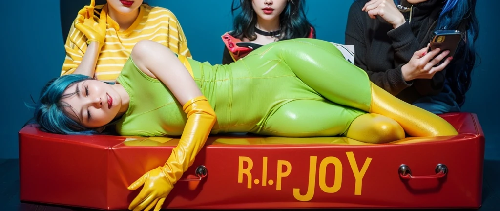 This image depicts a striking and colorful scene involving four characters. At the center, a woman with vibrant blue hair lies inside a red box with the words "R.I.P JOY" written on it. She is dressed in a vivid neon green dress paired with yellow gloves, her relaxed posture and closed eyes suggesting a peaceful or theatrical repose. Surrounding her are three other individuals in dynamic poses and bright outfits, adding layers of narrative or thematic contrast. The background features bold, saturated colors that enhance the visual impact of the scene, creating a surreal and stylized atmosphere. effectively conveying a sense of joy and creativity. аffects render, (glossy plastic texture with multiple big light probe refractions), perfect cgi, smooth silhouette, high intensity refraction, (super glossy plastic material), most beautiful vfx, , realistic, 4k, high resolution, rim light, smooth 3d model, multiple light sources, rim light, sharp post effects render,, realistic, 4k, high resolution, rim light detailed digital art, reflective, best quality, 4k, masterpiece:1.2, ultra-detailed, realistic, vivid colors, The image of the highest quality, ensuring every detail showcased perfectly. It in 4k resolution, allowing viewers to immerse themselves in the richness of the colors and intricate details. The realistic rendering. under the spotlight, reflecting, high-resolution image, realistic rendering