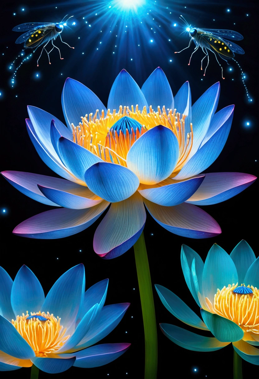 Glowing light coming from petals of sky blue colored lotus surrounded by glowing colorful fireflies