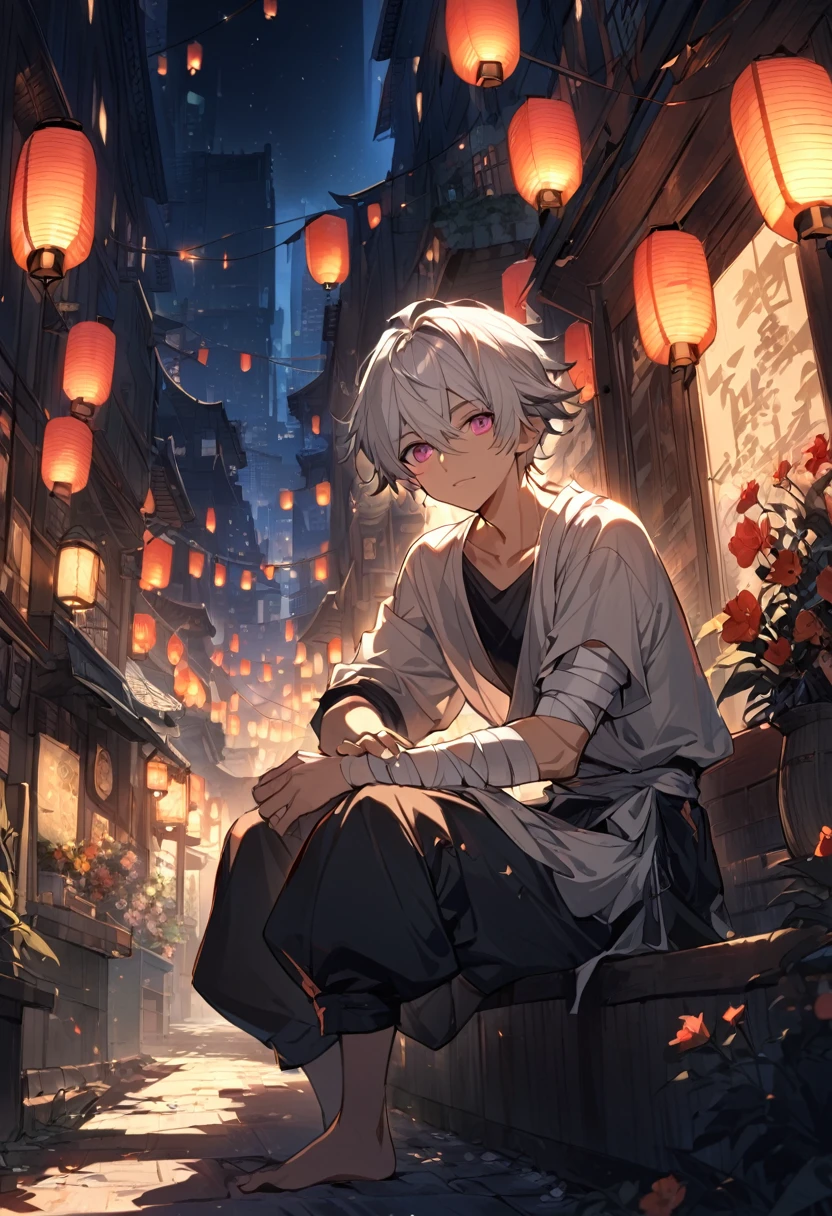 1 male, , With blue highlightedium sized messy white hair, Detailed pink eyes, A loose-fitting  with rolled up sleeves, Relaxing Song, Baggy pants, Bandage wrapped around the arm, Best lighting and shadows, Big dark city, Lantern, Flowers, have confidence, moonlight, at night