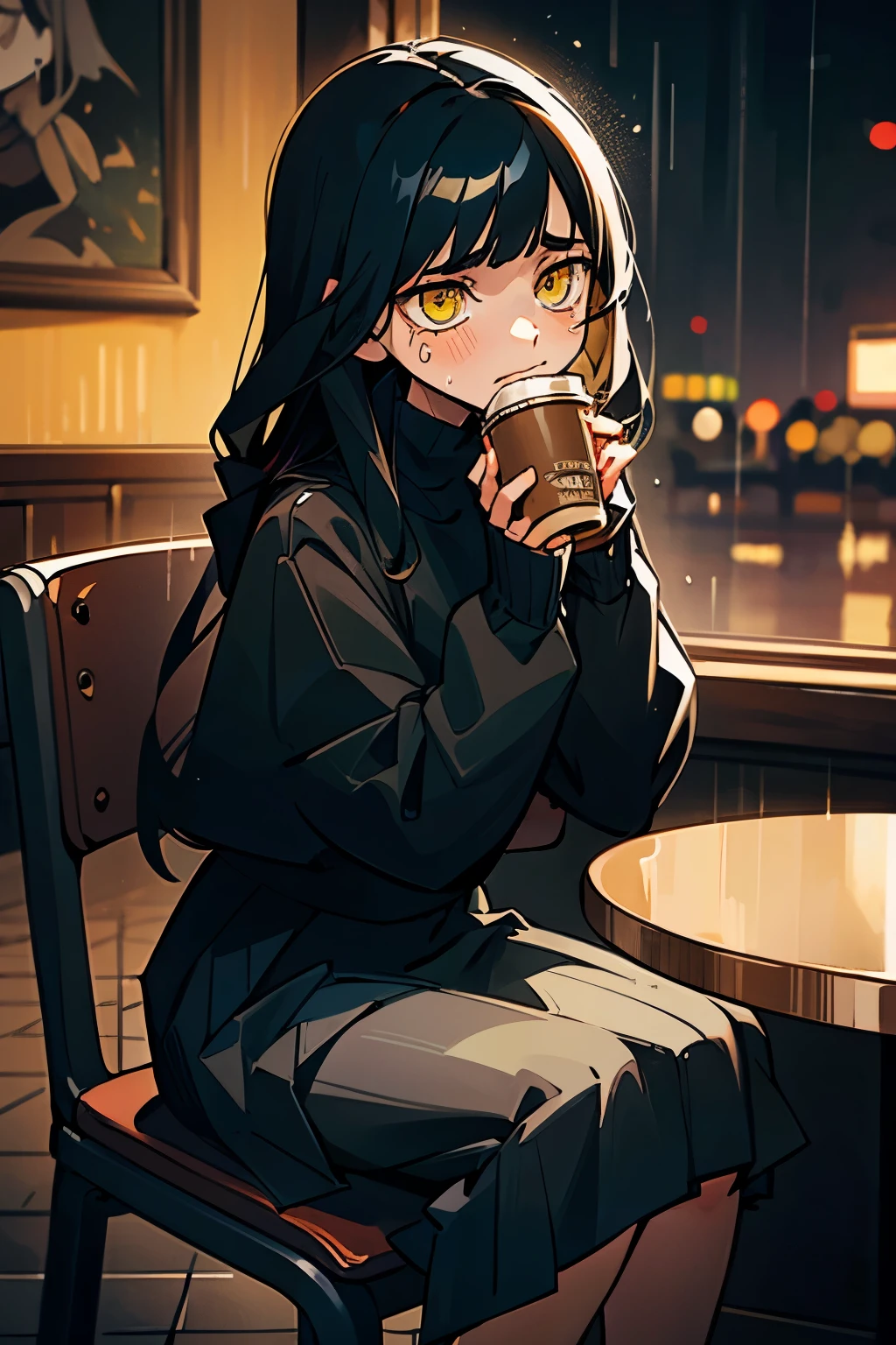 A girl, with long black hair, yellow eyes, wearing a black sweater and gray skirt, with a crying expression on her face, pose is sit on the chair and holding coffee, background is cafe with rain in window, HD picture, good art AI, NO BLUR PICTURE. 