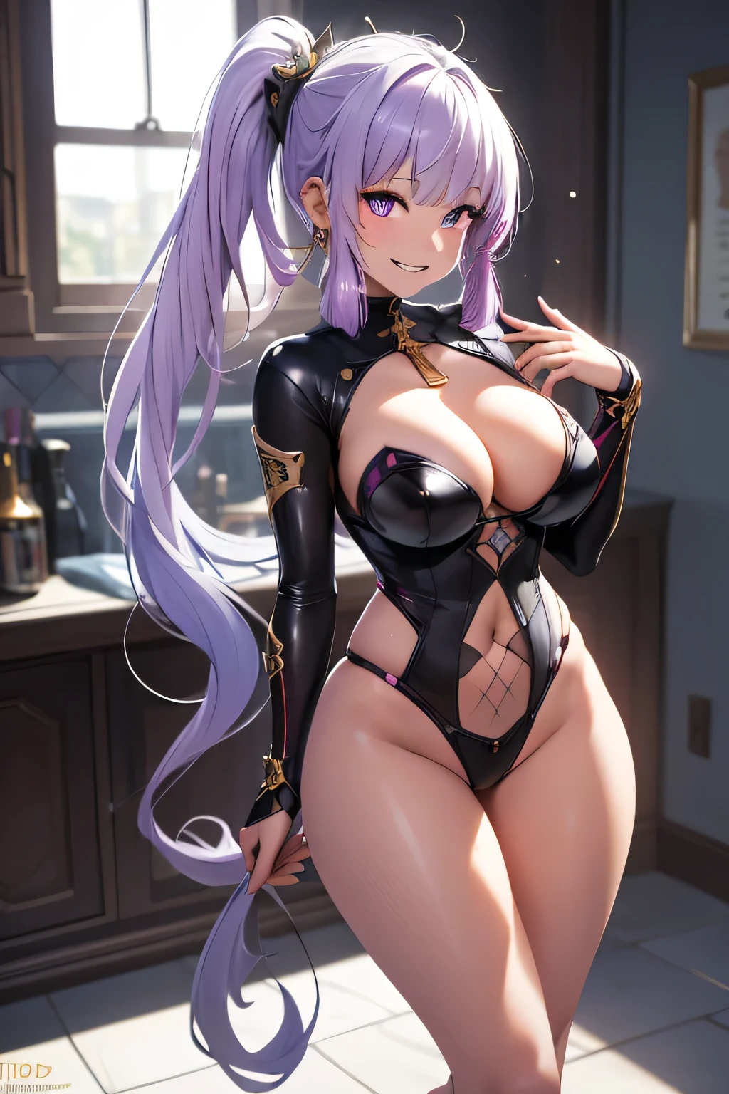 masterpiece, best quality,The veil covers the face ，Extremely detailed, （Side Ponytail：1.3）、shining, Luminous Light, purple、In the toilet、bathroom、Ray Tracing, HDR, Depth of Field, (Perfect face, Delicate face, Exquisite eyes,Perfect hands),(Comfort :1.2),8k,HD,hyper realistic face,Ray Tracing,Perfect lighting,best quality, Extremely detailed, shining eyes, (Looking at the audience,open mouthSmile:1.1), ((1 girl)),Forrina,Long hair,((Gradient hair)),Colored eyes, gradient eyes, (Glowing eyes:1.5), mascara, (Fashion Makeup), open mouth,blush,((Ultra detailed background)), posture, ((8k wallpaper)),((masterpiece、best quality、Very detailed)、((A girl))、((Purple Hair、Very long hair、Cover your eyes))、Pink Eyes、Smile、((There are many piercings))、((Large breasts))、Shooting from above、((best quality)), ((masterpiece)), (detailed), (character focus、Breast Focus,whole body), Anime 2D Rendering, Realistic young anime women, Five fingers, Perfect face, Beautiful details, Beautiful Body, Beautiful breasts, Beautiful thighs, (Huge breasts)、Beautiful Feet, (Fair and beautiful skin), baby face、A girl, ((Grin))、She turned her face and body toward the audience，Beautiful face and charming smile，eternal，（Large Breasts），比基尼，Shy，Exceed，Thick Legs，Fascinating three-dimensional,Fascinating three-dimensional，Fascinating three-dimensional，Black shining，night，dancer 