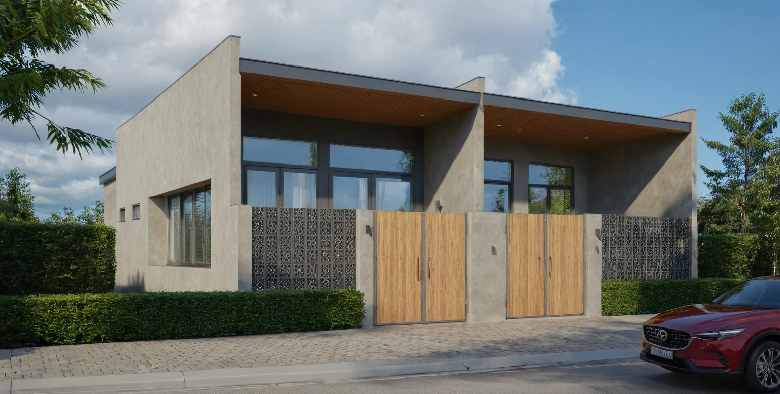 Raw photo,Masterpiece, high quality, best quality, authentic, super detail,
exterior, outdoors, house style modern on the street, glass windows, gate, wooden ceiling,
road,pavement, trees, sky, cloud, (daylight:1.1)