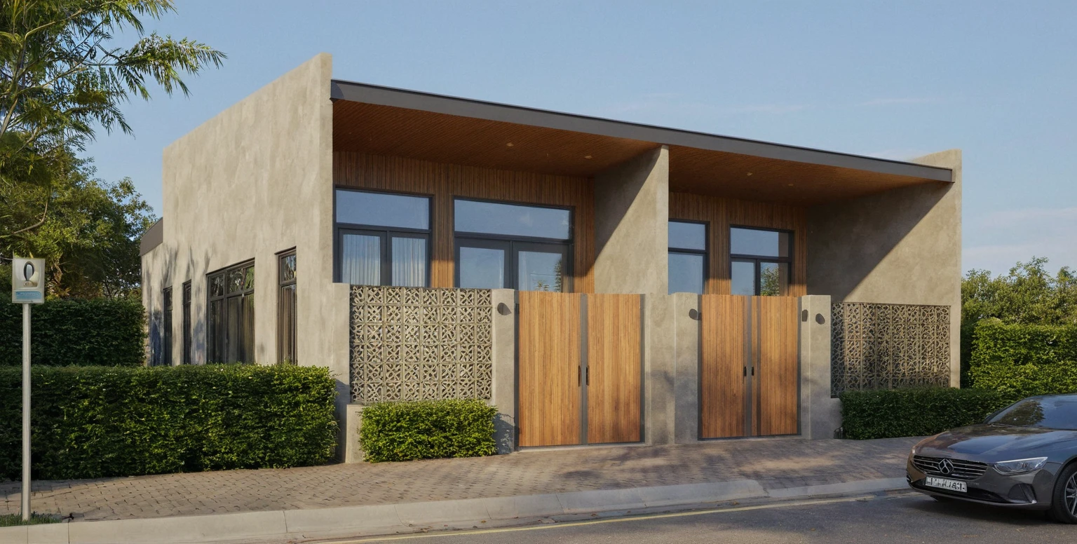 Raw photo,Masterpiece, high quality, best quality, authentic, super detail,
exterior, outdoors, house style modern on the street, glass windows, gate, wooden ceiling,
road,pavement, trees, sky, cloud, (daylight:1.1)