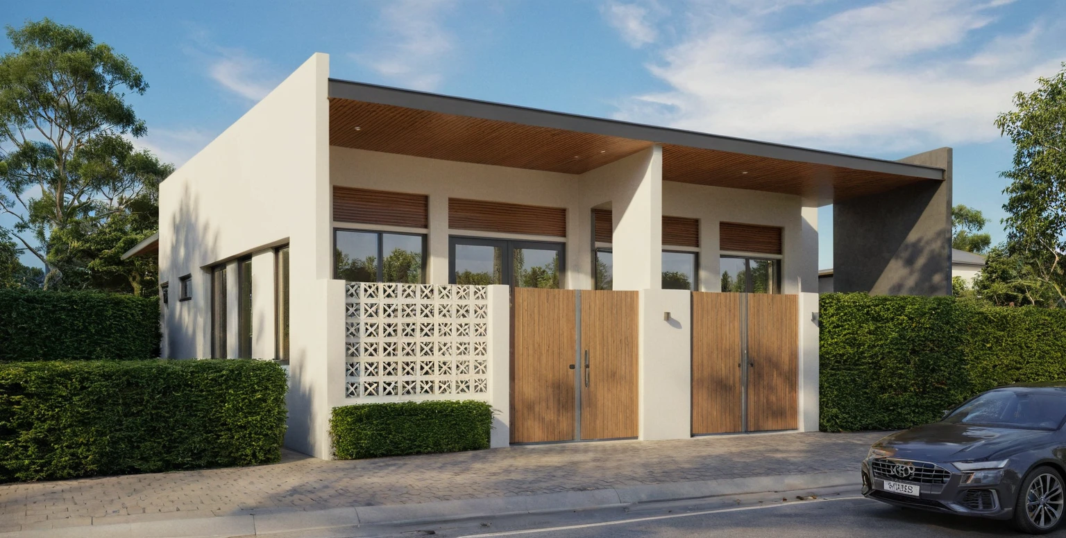 Raw photo,Masterpiece, high quality, best quality, authentic, super detail,
exterior, outdoors, house style modern on the street, glass windows, gate, wooden ceiling,
road,pavement, trees, sky, cloud, (daylight:1.1)