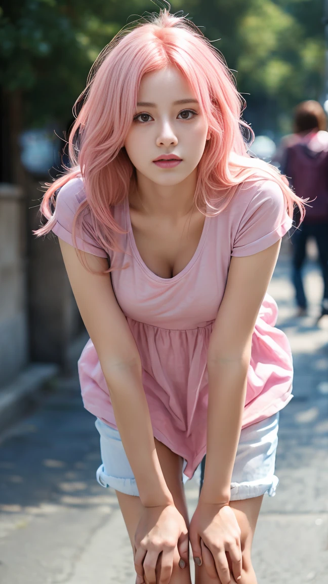 (leaning forward:1.3), (hands on knees:1.3),Highest quality, masterpiece, High resolution, One Girl, Super beautiful face, Very beautiful eyes, Very beautiful pink hair,Trendy clothes,Expose your shoulders