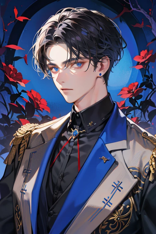 Masterpiece, high quality, Single male, young, strong, very handsome, masculine, portrait, Russian, medium grey hair, NO bangs, show forehead, dark skin, blue eyes, piercing eyes, colorful, blue colors, black colors, grey blazer, blue shirt, no accessories, The face is stern, arrogant, assertive, night-time, blue light, pomegranate tree in the background, Rich in color, close-up shot, bust photo, NO hands. Look at viewer.