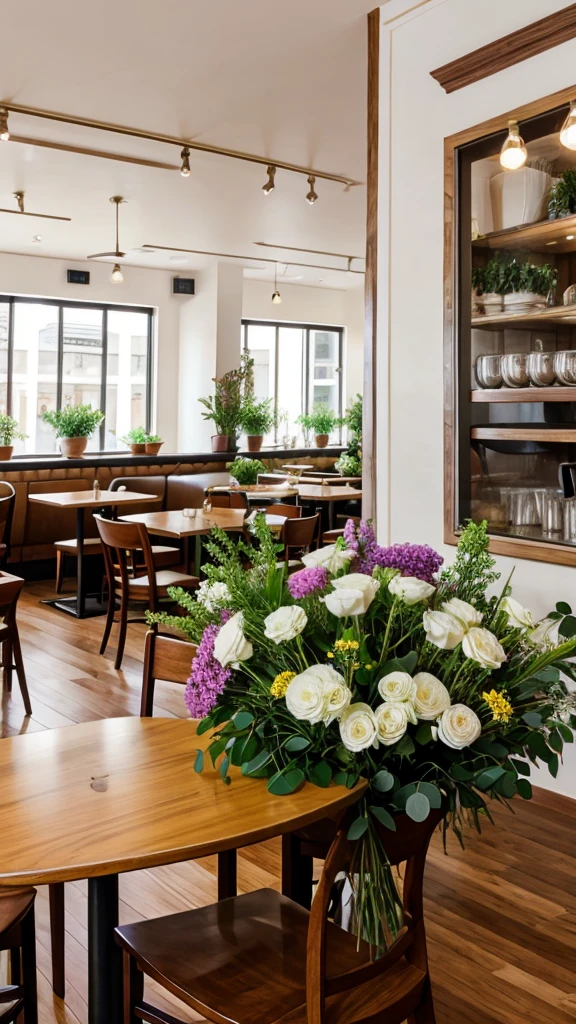 Cafe interior decorated with flowers