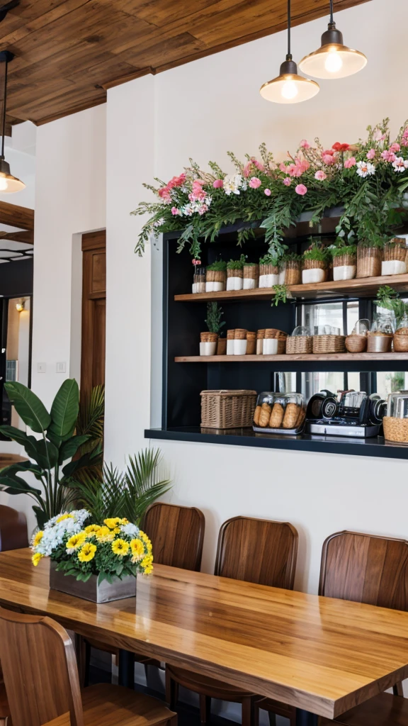 Cafe interior decorated with flowers