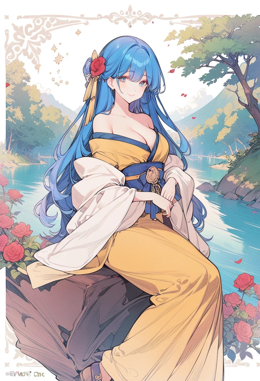 The most beautiful girl in the world,Character portrait,masterpiece, best quality, Official Art, 8k wallpaper, Very detailed, illustration, 1 girl, Sky blue hair, Long hair, Delicate eyes, Forrest Gump, Bare shoulders, Hanfu, lake, pure, Gentle smile, 