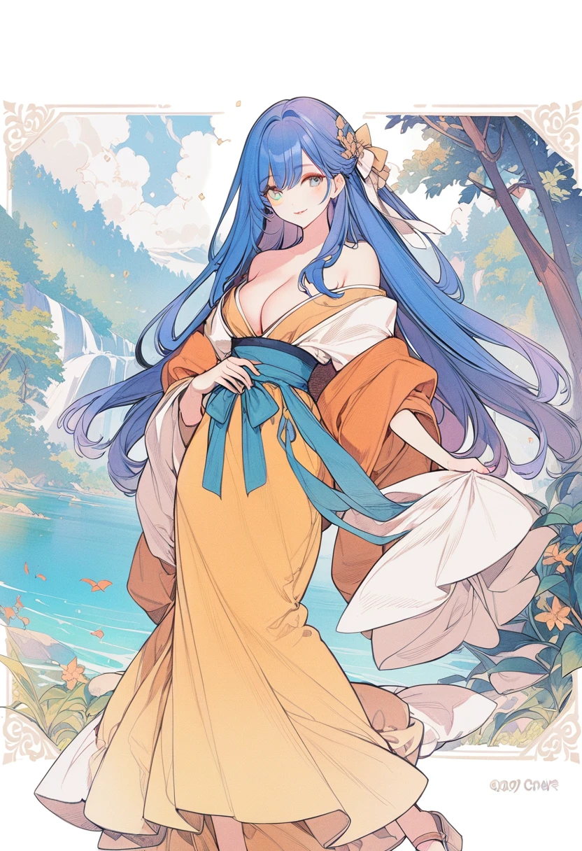 The most beautiful girl in the world,Character portrait,masterpiece, best quality, Official Art, 8k wallpaper, Very detailed, illustration, 1 girl, Sky blue hair, Long hair, Delicate eyes, Forrest Gump, Bare shoulders, Hanfu, lake, pure, Gentle smile, 