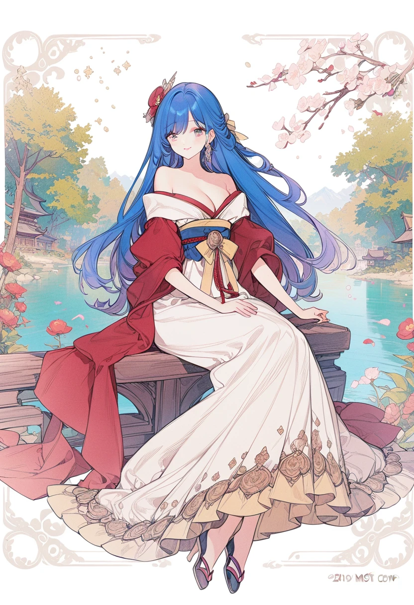 The most beautiful girl in the world,Character portrait,masterpiece, best quality, Official Art, 8k wallpaper, Very detailed, illustration, 1 girl, Sky blue hair, Long hair, Delicate eyes, Forrest Gump, Bare shoulders, Hanfu, lake, pure, Gentle smile, 