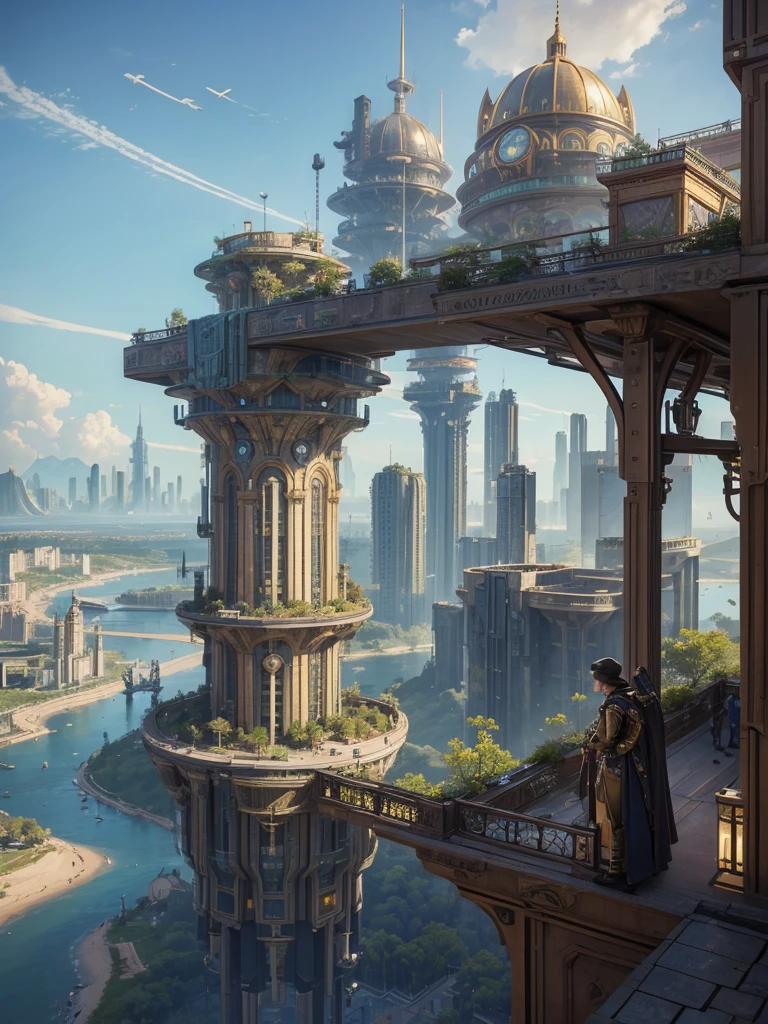 big city, flying in the sky, with many different buildings, solarpunk village, SolarPunk Architecture, sunny punk city, futuristic utopia in solar punk, inspired by Stéphane Martiniere, inspired by Stéphane Martiniere, красочный научно-фантастический steampunk, Solarpunk utopia, steampunk, концепт-арт в стиле steampunk, fantasy architecture, solar punk metropolis