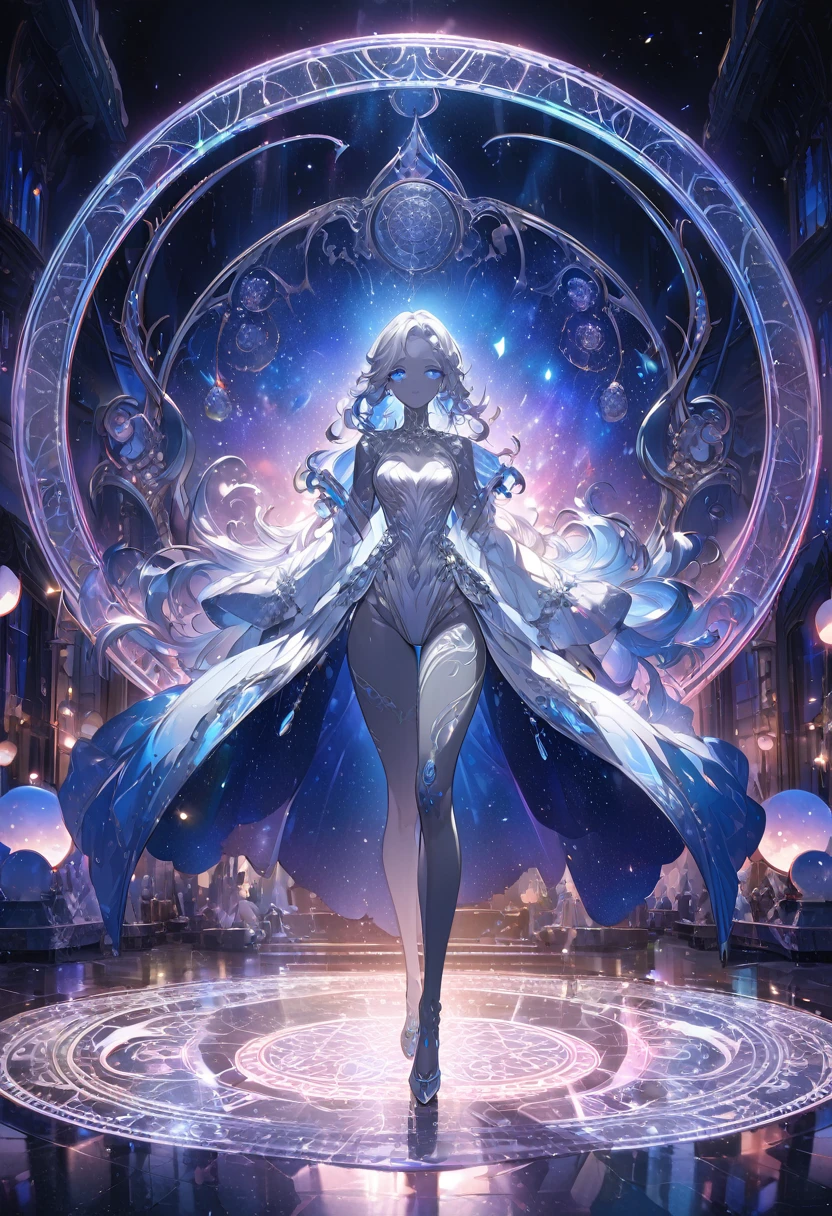 High resolution RAW color art, animation,Sculpture, Silver Marble Skin, (((Highly detailed elegant))), Magical atmosphere, Detailed skin, texture,(Exquisitely crafted, The finer details, Ultra-detailed art), Depth of written boundary, Bokeh, Silky to the touch, Hyper Detail, Beautiful Eyes, Elegant face, magic circle, coat, whole body, High leg, Neon Blue