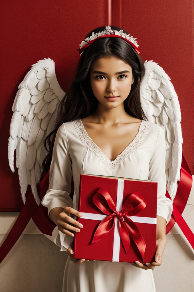 Angel holding a big book with red ribbon
