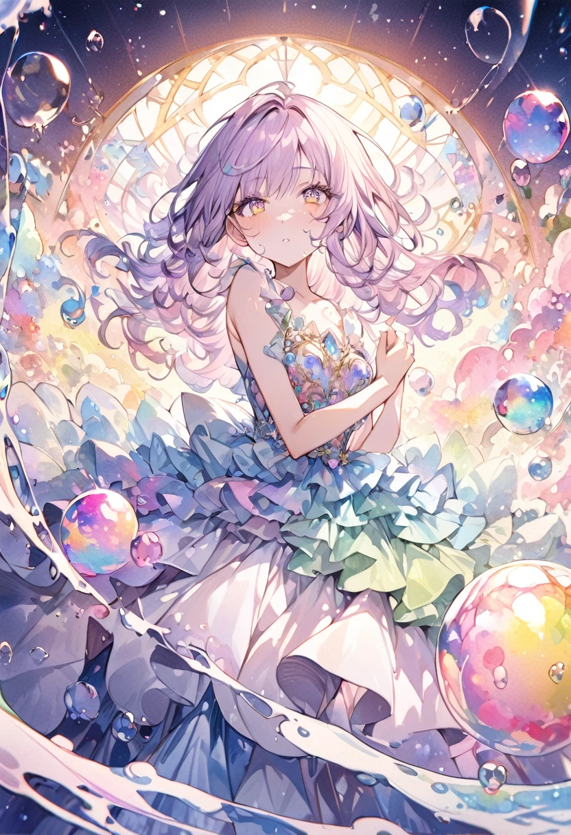 masterpiece, Highest quality, 8k resolution, Sharp focus, Intricate details, beautiful girl, Sparkling eyes, Golden ratio face, Otherworldly liquid, watercolor, ((pastel colour)), Bright colors, Whimsical, colorful, Sharp focus, High resolution, The finer details, ((Layered ball gown)), Rainbow bubbles