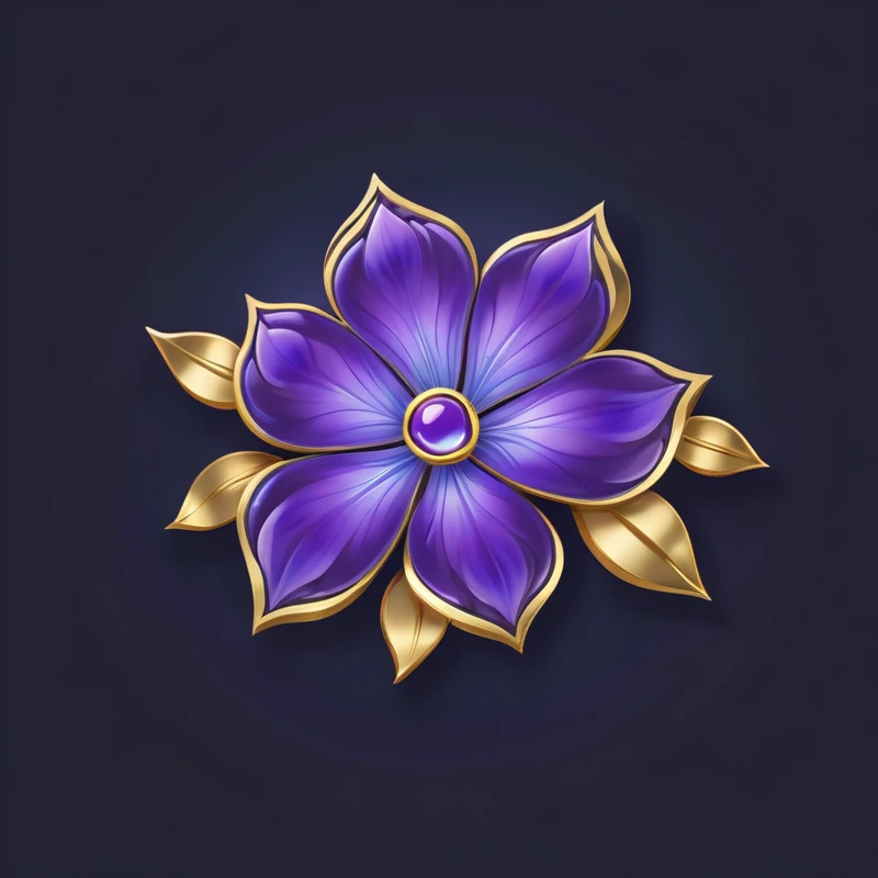 Purple flowers,Green flower center,Surrounded by gold and blue petals, Heart Stone original art style, Clematis themed logo, Capability Image, Stylized art, Floral Pattern, gem, Game Icon Assets, Glowing delicate flowers, Qatar, Alylia, Heart Stone, violet flower, Describing a flower, Astrie Lohne, Star-shaped alpine flower, Flower core