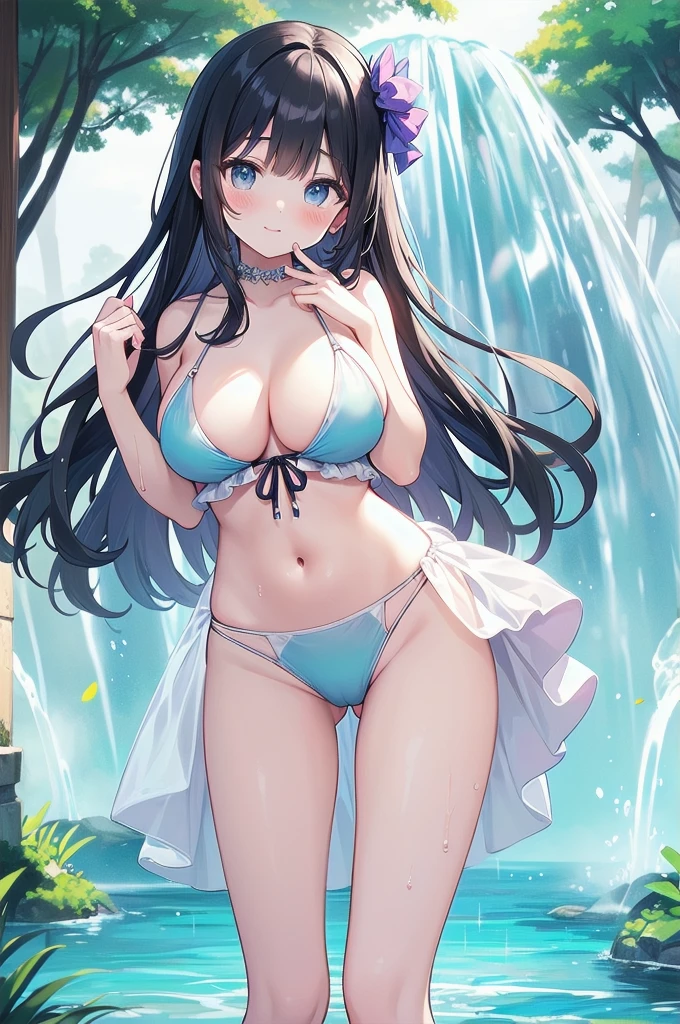 （masterpiece）、(highest quality)、((Super detailed))、(super delicate)、Idol in naughty swimsuit、Pastel colors hair、beautiful breasts、Beautiful butt、Gorgeous、Fantastic forest fountain、Wet and see-through