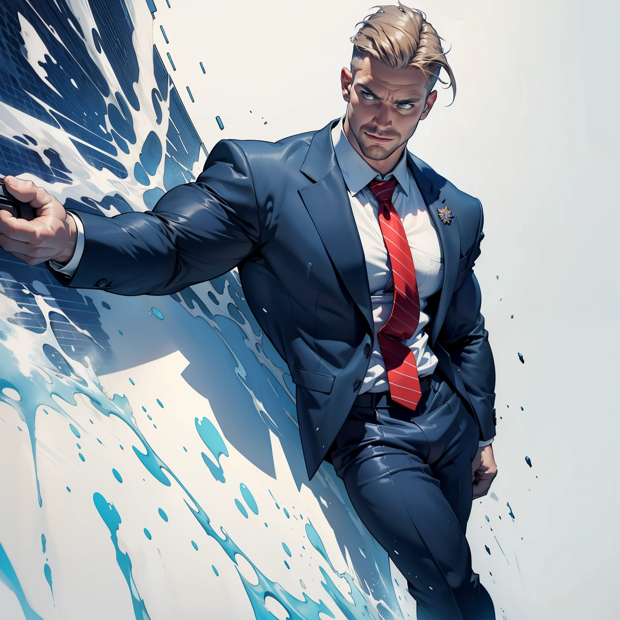 1 man, male focus solo, middle aged man,Stephen AMELL as private investigator, lean muscle,very light blue shirt, marine blue businessman suit ,( red tie) ,( big bulge), full body shot, dark blond short hair, well groomed facial hair, holding a gun with one hand, , ultra high quality, masterpiece, (clear intense splashed blue and white paint in the blackground)