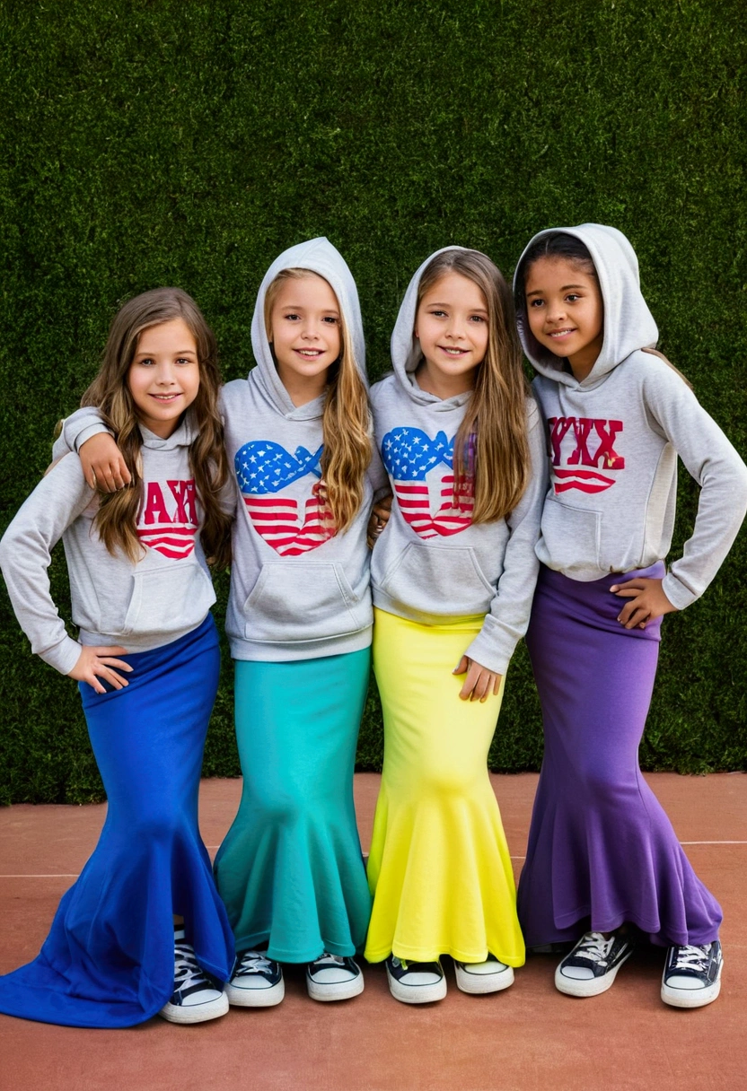 Four 10 year old American girls wearing casual long mermaid  floor length maxi skirt covering legs and loose hoodie  and sneakers with legs spread apart