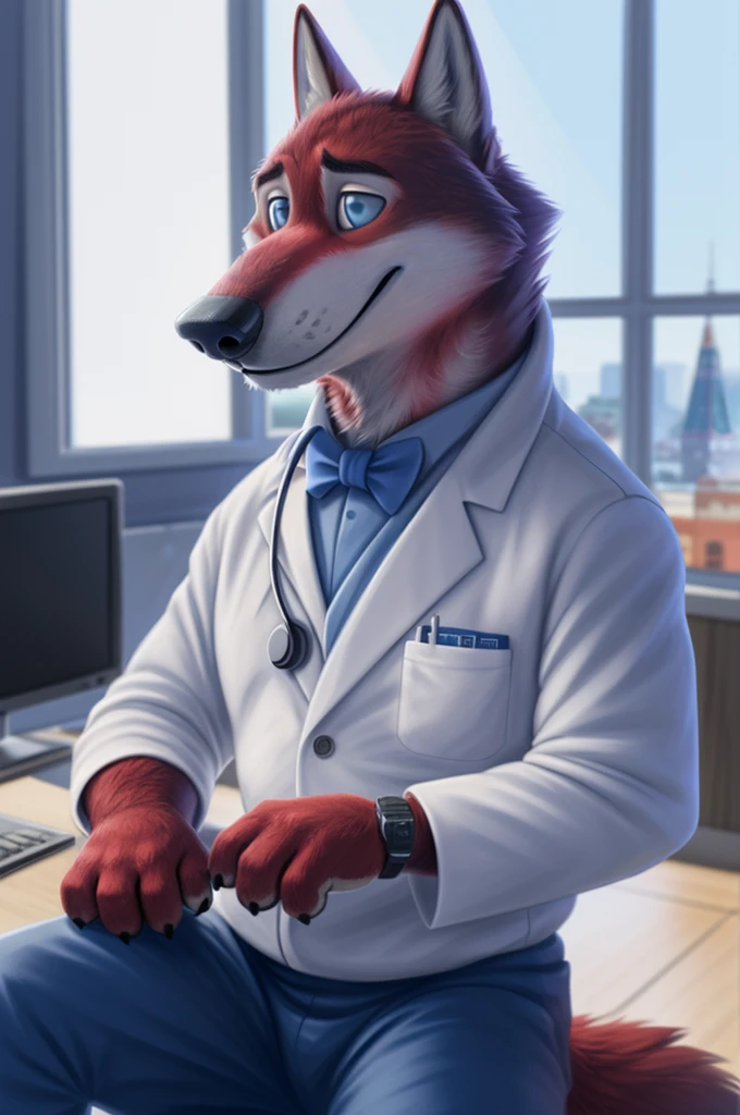 Joachim Wolfbach (Zootopia),tall handsome, wolf,young, 24 years, brown fur,(red body:1.3),Blue eyes, Moscow Dressed,red cassock, red headdress,in a medical suit,shirt,bow tie, BLUE, stethoscope, cardiac surgeon,canine, wolf, detailed fur, Male, antro, paw pads, finger claws,Prays, at viewer, 5 fingers, paws, 5 fingers, smile, happy, resting, wrist watch,stethoscope,looks at the monitors, т nextel, sitting in his office at home, by xenoforge, (difficult, high detail, digital, photo, soft focus, RAW, pilot by training,ulba,tender, very kind, sincere, advises, patient,
photorealism, realistic, photorealistic, analog style, subsurface scattering,
masterpiece, Best quality, ultra realistic, 8 K)