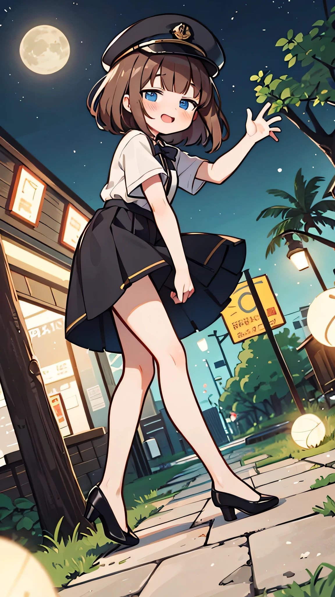 {Highest quality}, {Super beautiful},{Ultra fine},{Best illustration},Brown Hair,Hime cut,semi-long,Bangs,Standing Woman,Uniform cap,White Shirt,Short sleeve,Long black skirt,Night Park,Embarrassed,smilingly,Blushing,Slender women, A woman wearing plain black pumps,Bare feet and pumps,From an angle,From above,Raise one leg
