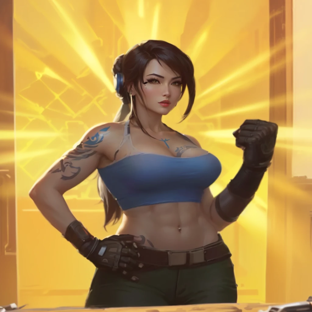 there is a woman with a tattoo on her chest and a blue top, portrait of tifa lockhart, portrait of chun - li, tifa lockhart portrait, senna from league of legends, muscular sweat lara croft, brigitte from overwatch, portrait of chun li, chun - li, chun-li, tifa lockhart, tifa, pharah, chun li