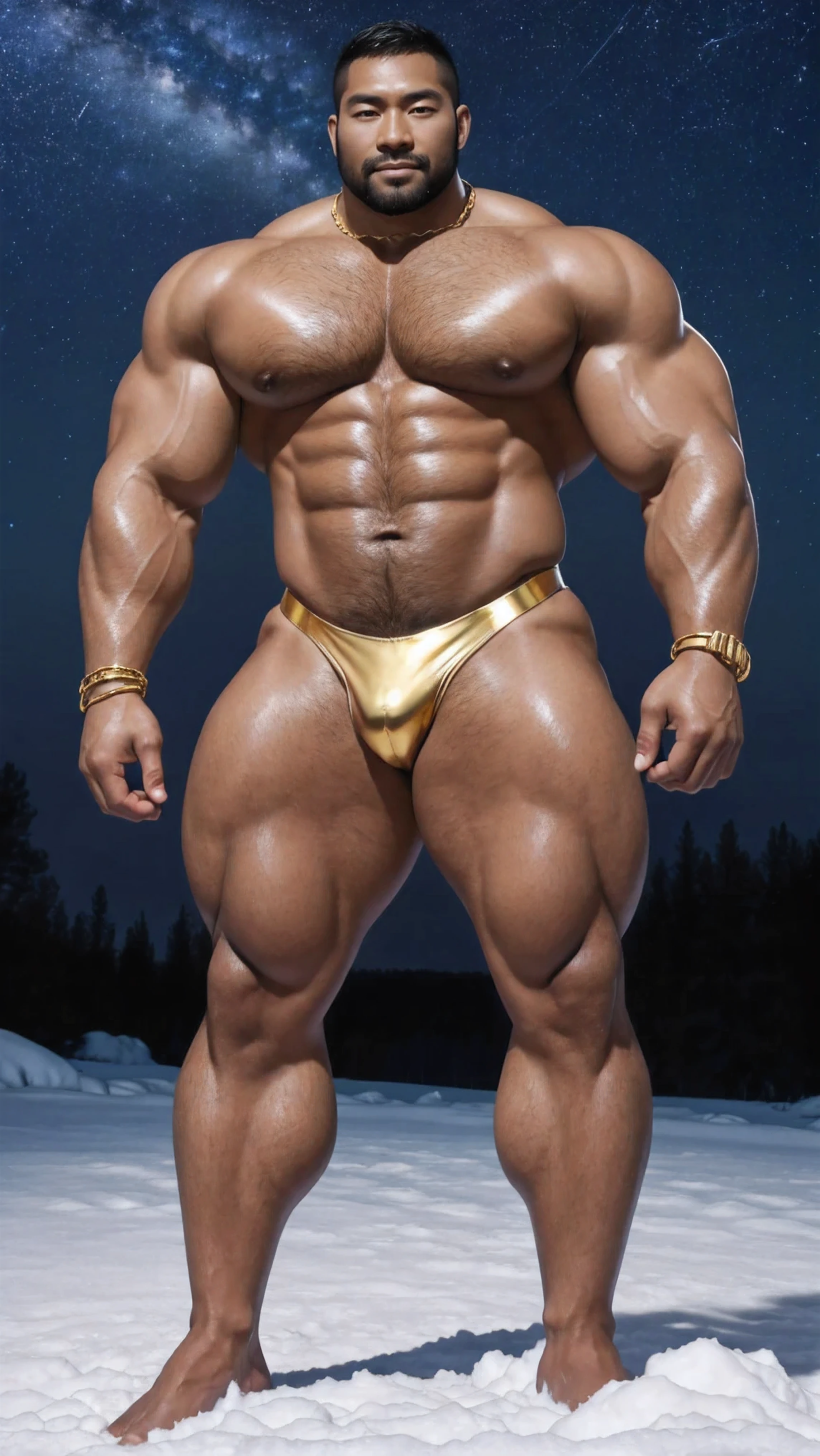 There is only one handsome Chinese man in the photo,35 years old,tall, Fitness,Smooth body,Smooth skin,No chest hair,short hair, O-Shaped Beard,Perfect body, Dark skin color,Radiant Skin,Smooth skin,Shiny, shiny skin,Smooth pectoral muscles,Muscle bulge, muscular, Very large pectoral muscles,Very sexy abdominal muscles,Very well-developed leg muscles,Huge concave and convex area,Brightens oily skin,Wearing a shiny gold leather thong,Handsome face,Normal human toes,Correct and accurate male body proportions,Gold Collar,Gold bracelet,Gold anklets,Standing in the snow,Night sky,A sky full of stars,There are auroras,Colorful,Charming dream scene,Epic。