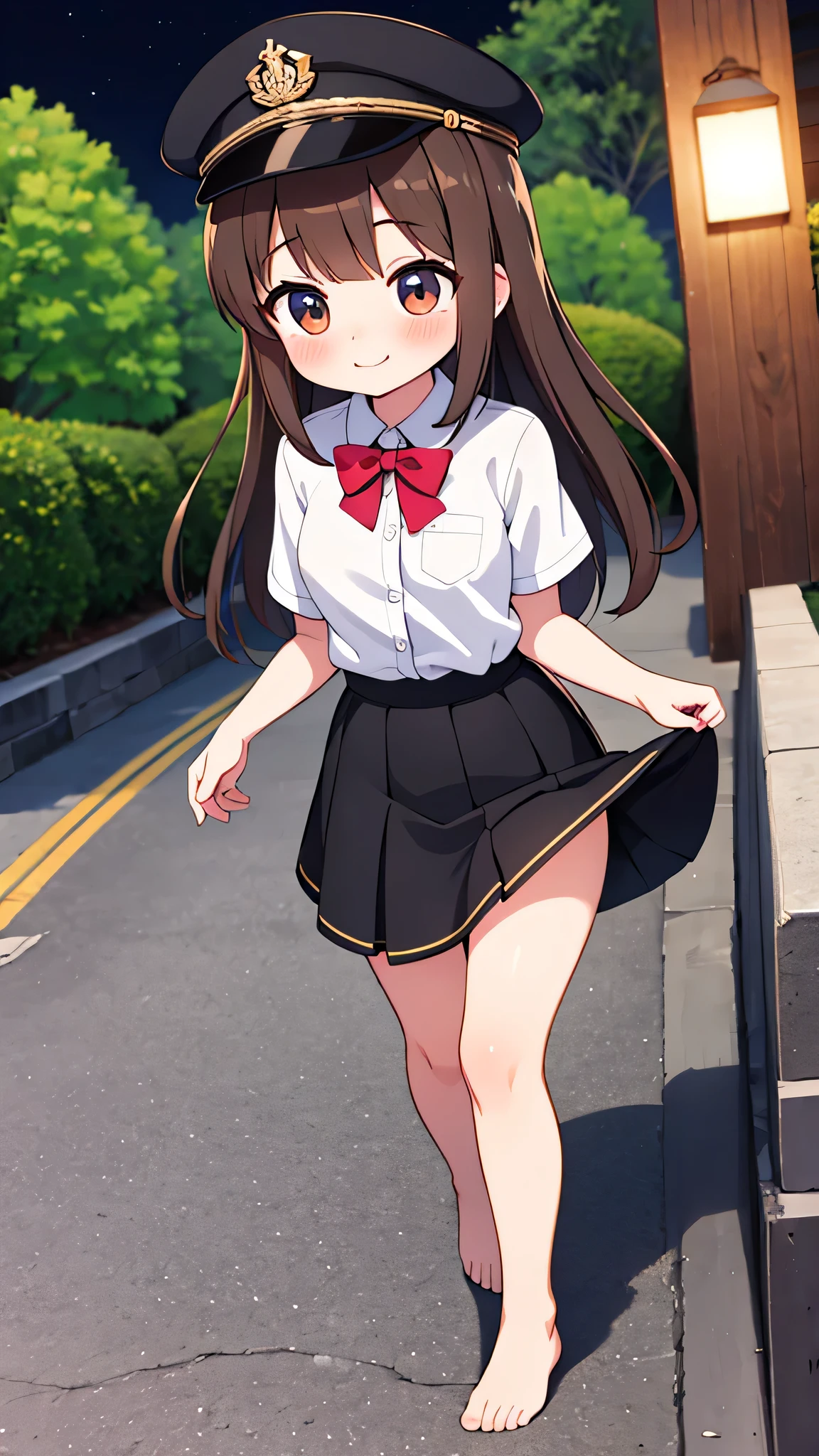 {Highest quality}, {Super beautiful},{Ultra fine},{Best illustration},Brown Hair,Hime cut,semi-long,Bangs,Standing Woman,Uniform cap,White Shirt,Short sleeve,Long black skirt,Night Park,Embarrassed,smilingly,Blushing,Slender women, A woman wearing plain black pumps,Bare feet and pumps,From an angle,From above,Raise one leg