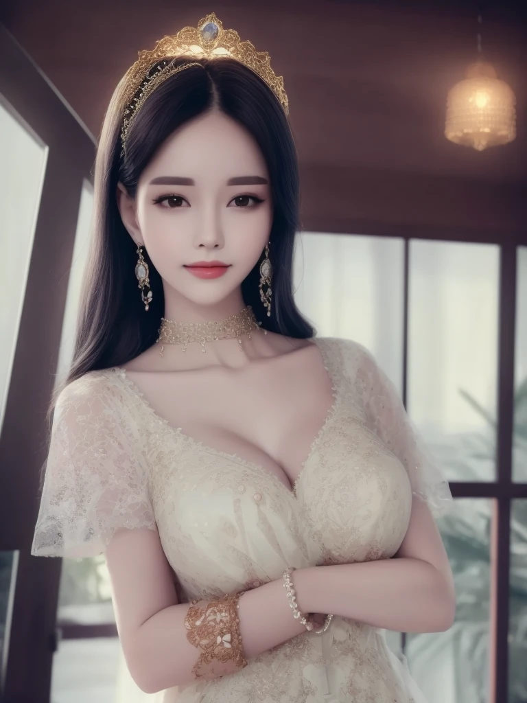 1 beautiful 27 year old holy woman, sexually suggestive clothes, revealing clothes, raised clothes, cut-out, nipples, nudity, nude, flawless face, ((Self-smiling smile) natural:1.0)), ((flat bangs:1.2)), (((long hair): platinum:0.8 ))), big crown, hair brooch, hanfu dress, fanciful hanfu style, jewelry full body, forehead tattoo, super even chest, woman's face, delicate makeup face, pretty face, ((including porcelain teeth: 0.8), best and light red lipstick details, huge breasts , super round and balanced, ((Full and thin lips: 0.3) )), ((Yellow eye color: 1.2), Detailed and delicate lighting effects, light and dark, light impression, fanciful light, detailed light, true color, super sharp, realistic, 8k quality, fanciful cosmic background, saintess and fanciful space, the most detailed image, ((Solo: 0.3)), ((holy maiden:0.6)), ((looks in)), straight to her upper body:0.4)), upper body, ((smooth skin:0.5)), ((veil) her own face:1.2)), ((solo:1.3)), (((alone girl :1.3)), saint portrait, short photo, (((open mouth:0.6))), Digital Realistic , ((fanciful red smoke effect:1.2)),