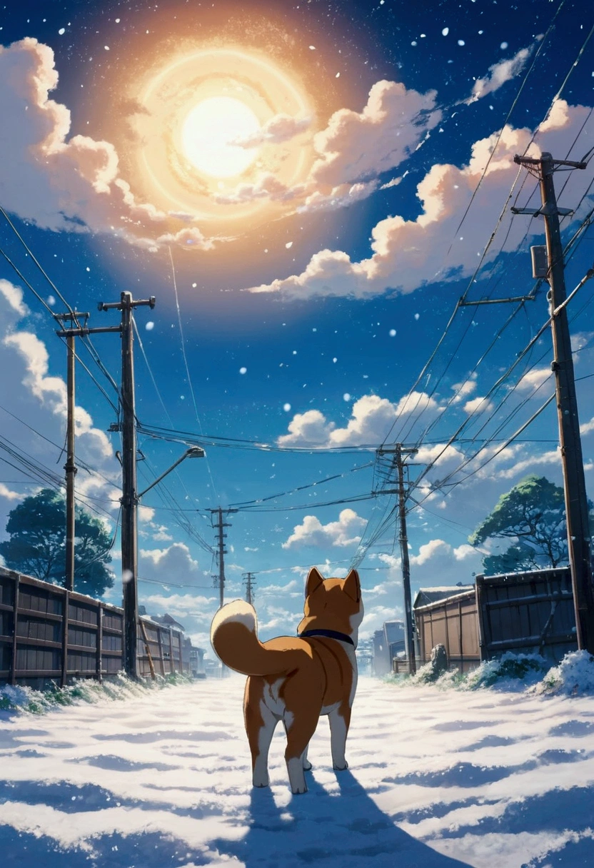 Makoto Shinkai Taste, Beautiful sky, winter,Falling snow, Shiba Inu Puppy, Wide angle、