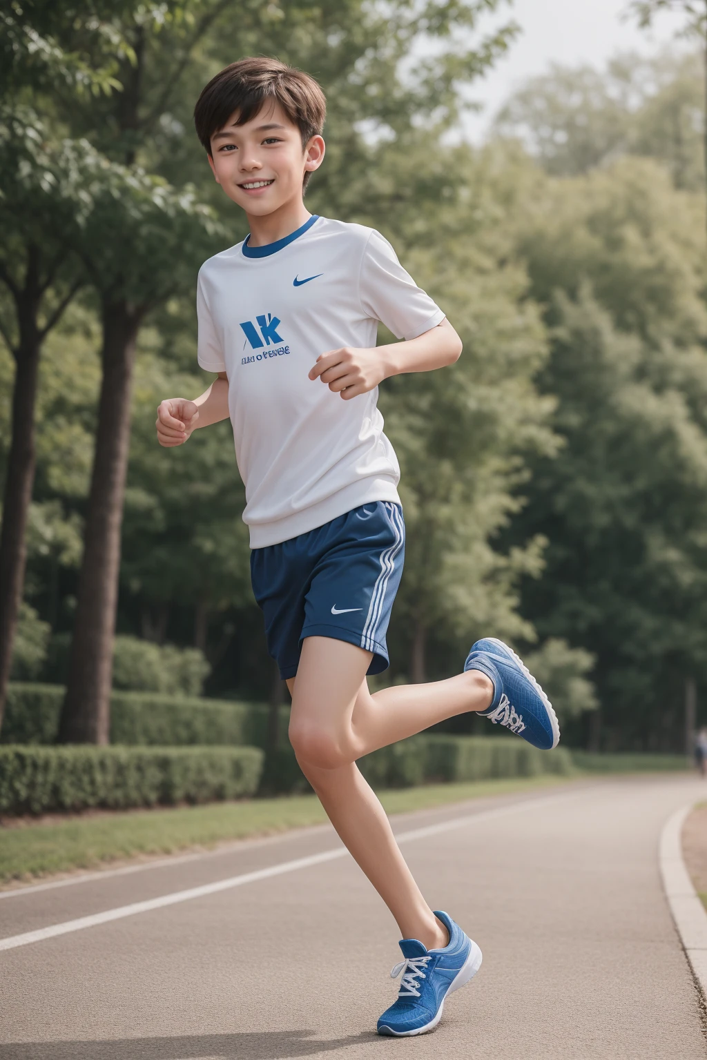 12-year-old boy,Smile，Spread your white and slender legs，jogging，full body，8K facial features are exquisite，Handsome boyish feeling，8k，masterpiece,((best quality)),photography,photograph
