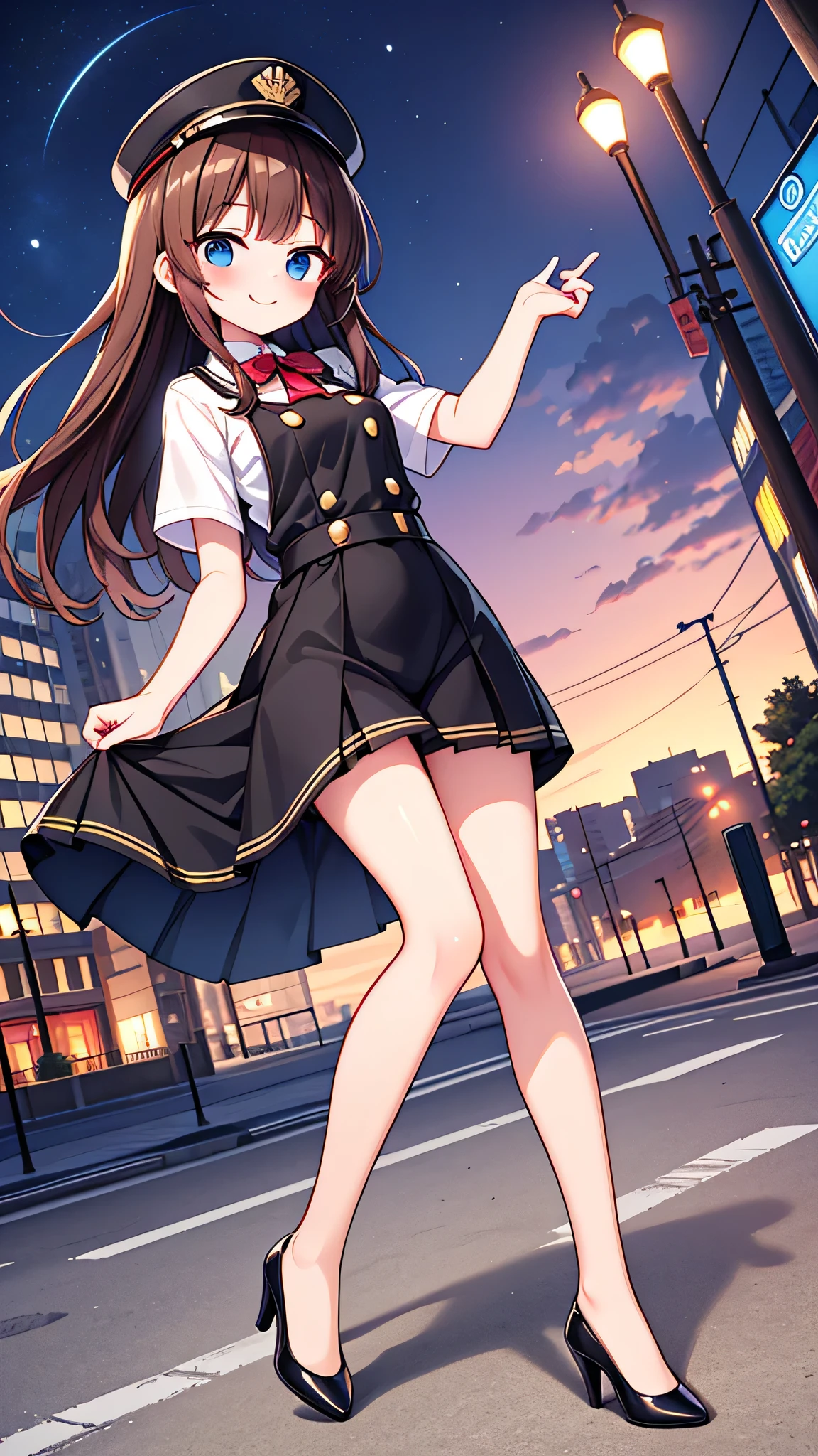 {Highest quality}, {Super beautiful},{Ultra fine},{Best illustration},Brown Hair,Hime cut,semi-long,Bangs,Standing Woman,Uniform cap,White Shirt,Short sleeve,Long black skirt,Night Park,Embarrassed,smilingly,Blushing,Slender women, A woman wearing plain black pumps,Bare feet and pumps,From an angle,From above,Raise one leg