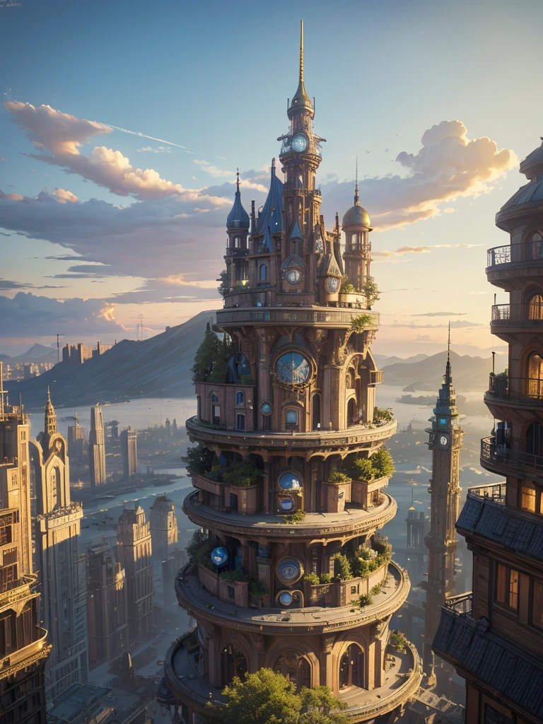 big city, flying in the sky, with many different buildings, solarpunk village, SolarPunk Architecture, sunny punk city, futuristic utopia in solar punk, inspired by Stéphane Martiniere, inspired by Stéphane Martiniere, красочный научно-фантастический steampunk, Solarpunk utopia, steampunk, концепт-арт в стиле steampunk, fantasy architecture, solar punk metropolis