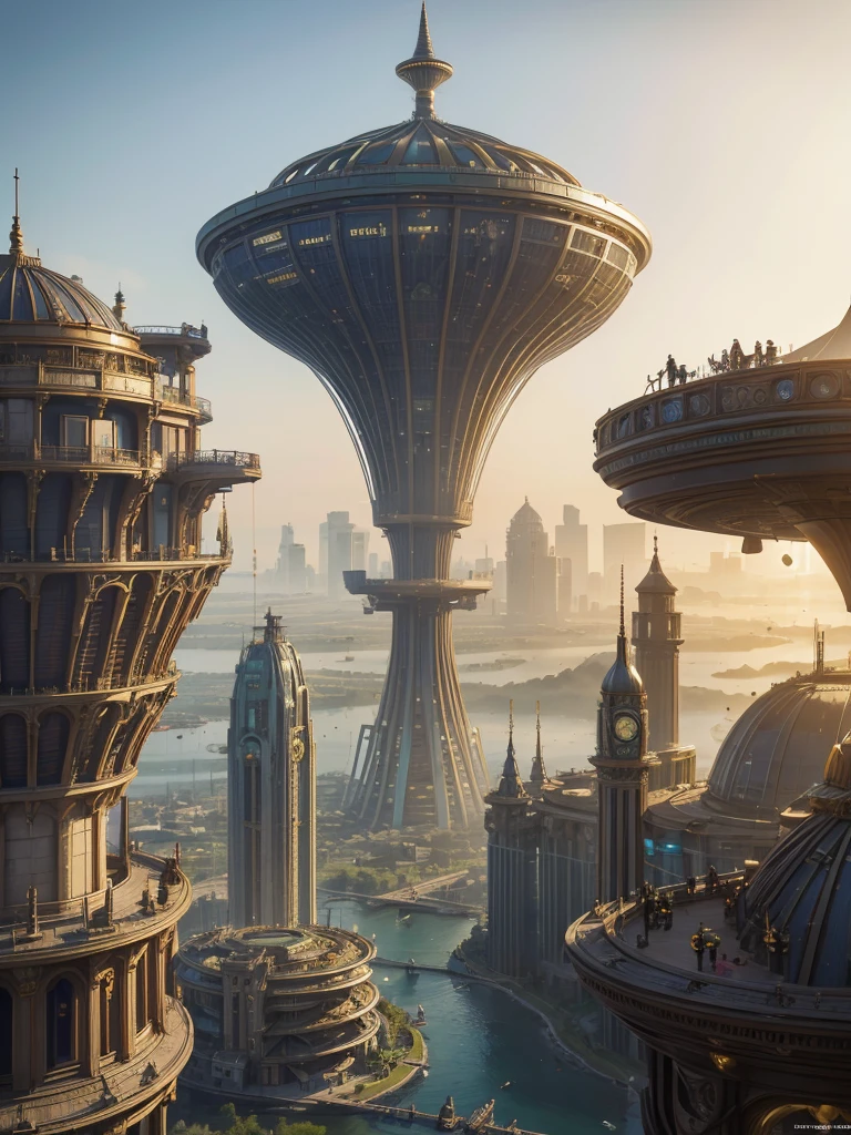 big city, flying in the sky, with many different buildings, solarpunk village, SolarPunk Architecture, sunny punk city, futuristic utopia in solar punk, inspired by Stéphane Martiniere, inspired by Stéphane Martiniere, красочный научно-фантастический steampunk, Solarpunk utopia, steampunk, концепт-арт в стиле steampunk, fantasy architecture, solar punk metropolis